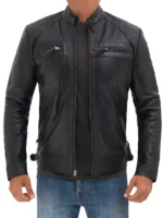 Men's black leather biker jacket with quilted shoulders and distressed finish.
