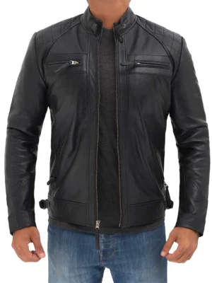 Men's black leather biker jacket with quilted shoulders and distressed finish.
